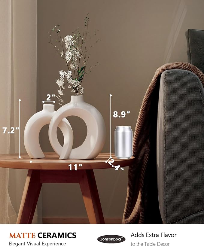 7.2″Hx8.9″H Donut Shape Decorative Vase Set of 2, Ceramic, Modern Minimalism Styles, Flowers or Plant Table Vases for Home Decor Living Room Shelf Entry Console Mantle Dining Centerpiece (Matte White)