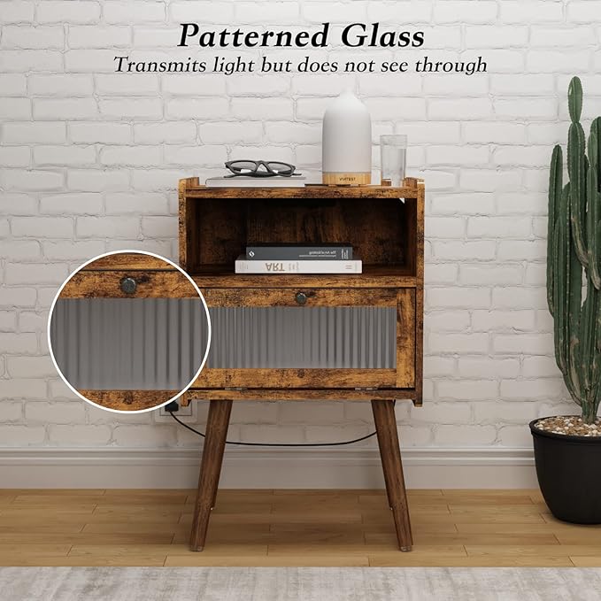 Mid Century Modern Nightstand with Charging Station, Bedside Tables with Glass Door, End Table Side Table with 2 Tiers Storage Space, for Bedroom, Living Room, Brown