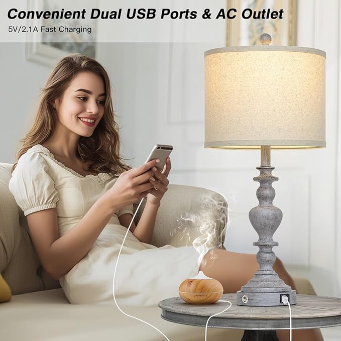 27" Tall Table Lamps for Living Room, 3-Way Dimmable Touch Control Farmhouse Vintage Table Lamps Set of 2 with USB C+A Ports and AC Outlets, Rustic Bedside Nightstand Lamp for Bedrooms Office Grey
