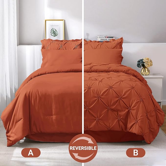 JOLLYVOGUE Burnt Orange Full Size Comforter Sets 7 Pieces, Pintuck Bed in a Bag Comforter Set for Bedroom, Bedding Comforter Sets with Comforter, Sheets,Ruffled Shams & Pillowcases