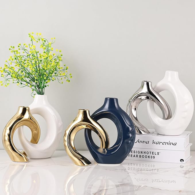 LCCCK White and Silver Ceramic Vases for Home Decor, Boho Vase for Flowers Pampas Grass Decorative, White Silver Hollow Donut Small Vase for Living Room Table Wedding Centerpiece Modern Vases