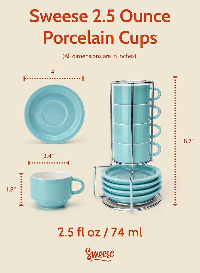 Sweese 2.5 Ounce Porcelain Stackable Espresso Cups with Saucers and Metal Stand Set of 4, Turquoise