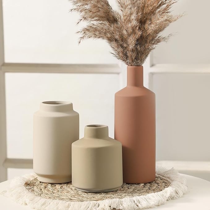 Ceramic Vase Set of 3, Modern Decorative Vases for Home Decor, Small Flower Pottery Vase Sets, Boho Farmhouse Rustic Vases for Living Room, Kitchen, Bedroom, Bathroom, Shelf, Table