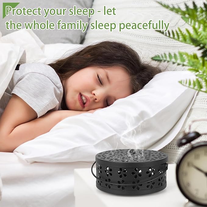 Portable Iron Mosquito Coil Holder with Handle Round Heat-Resistant Incense Holder (Black)