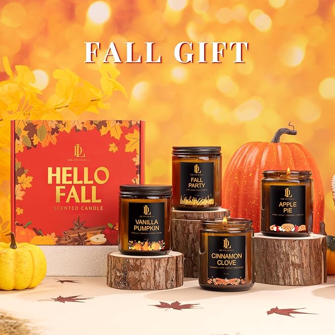 Fall Candle Set, Fall Scented Candles for Home, 4 Pack Soy Candle Set, Autumn Gifts for Women Men, Autumn Scents of Vanilla Pumpkin/Cinnamon Clove/Apple Pie/Fall Party
