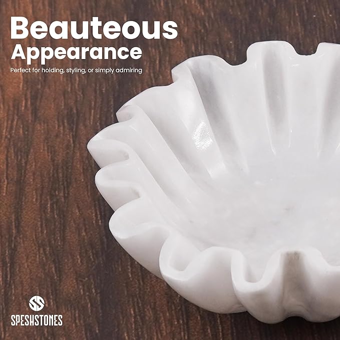 Marble Ruffle Bowl 6 Inch Handmade White Small Decorative Bowl for Modern Home Decor - Scalloped & Fluted Key Bowls for Entryway Tables & Coffee Table Decor