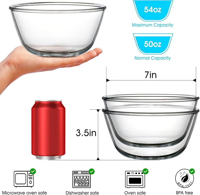 NUTRIUPS 50oz Deep Glass Mixing Bowls 7inch Glass Salad Bowl Clear Prep Bowls for Kitchen, Set of 2