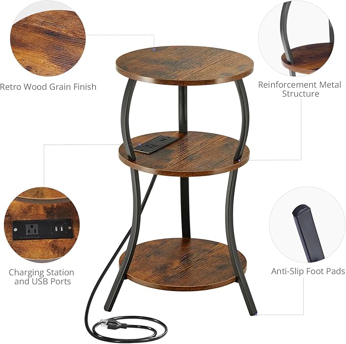 Small Round Side Table with Charging Station, 3-Tier Waist Circular End Table with Storage Shelf, Compact Tea Sofa Side Table Small Spaces, Round Corner Coffee Table for Living Room Bedroon,Brown