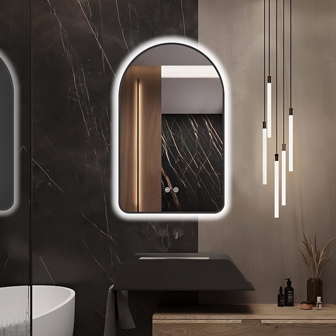 36"x24" Arched LED Bathroom Mirror, Wall Mounted Backlit Mirror with Lights Fog Free Lighted Framed Mirror Smart Anti-Fog 3 Color Temperatures Adjustable Brightness Black