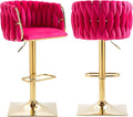 NIOIIKIT Bar Stool Set of 2, Velvet Upholstered Swivel Barstool, Counter Height Chair with Hand Woven Backrest, Dining Barstool with Footrest, Bar Chair for Kitchen Island, Pub (Rose Red)