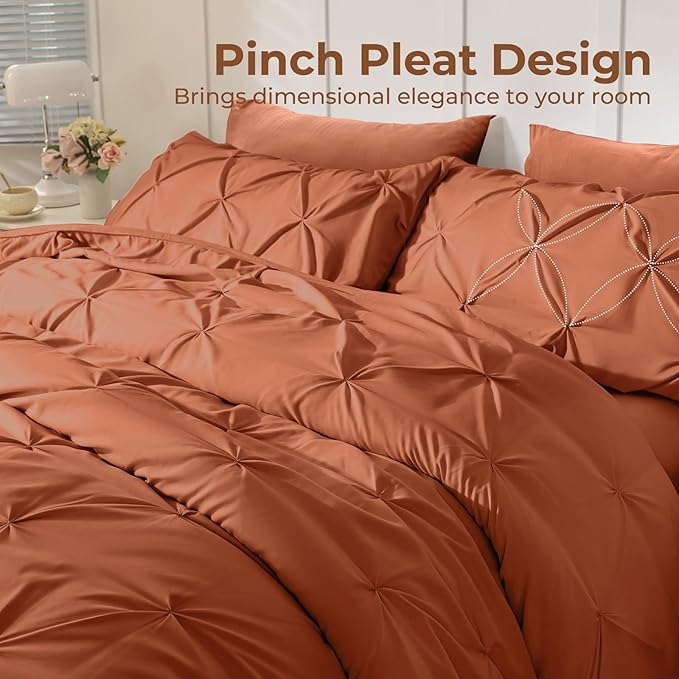 Sasttie King Size Comforter Set, 7-Piece Bed in a Bag, Pintuck Bedding Set for All Season, Includes Comforter, Flat Sheet, Fitted Sheet, Pillowcases and Pillowshams, Burnt Orange