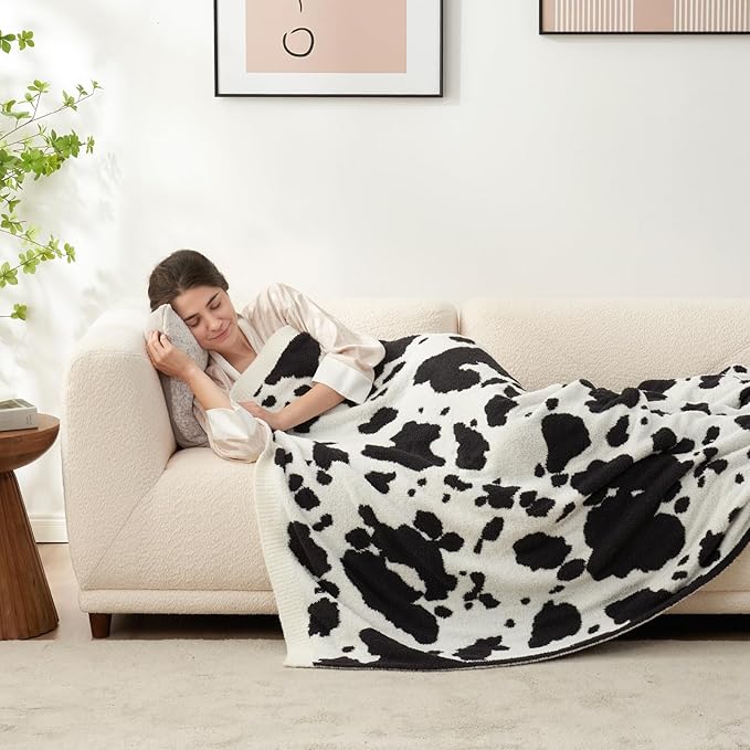 Snuggle Sac Cow Pattern Throw Blanket for Couch - Ultra Soft Microfiber Blanket, Plush Warm Reversible Blanket, Cow Jacquard Knitted Throw for Sofa & Bed, Black Cow, 50x60 inches