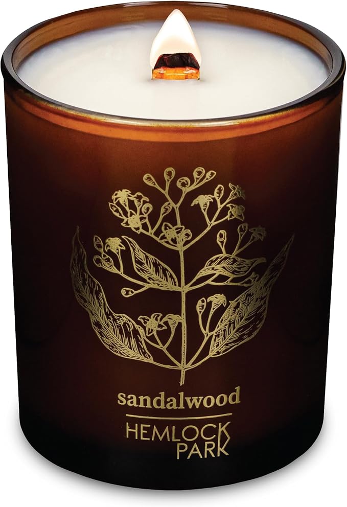 Hemlock Park Amber & Gold Wood Wick Candle Handcrafted with Natural Coconut Wax (Standard 7.2 oz, Sandalwood)