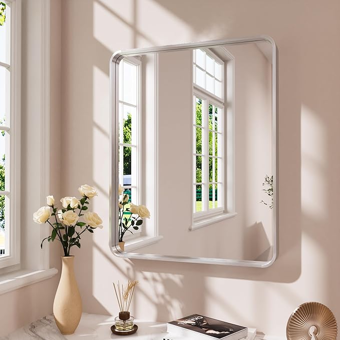 Brushed Nickel Bathroom Mirror 20x30 Inch, Brushed Silver Metal Frame Mirror Wall Mounted, Rounded Rectangle Bathroom Vanity Mirror, Tempered Glass, Anti-Rust, Horizontal/Vertical