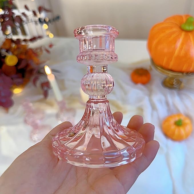 Glass Candlestick Holder,Striped Taper Candle Holders,Set of 6 Candle Stand for Table Centerpieces, Home Decor,Weddings,Festival and Parties (Pink Stripe Pattern)