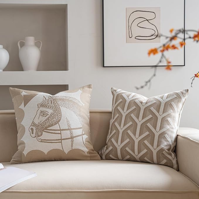 Premium Throw Pillow Covers 22x22 Inches - Oatmeal Ethereal Arbor Chenille Jacquard Embroidery Decorative Couch Pillow Covers for Living Room Bedroom Sofa Home Décor