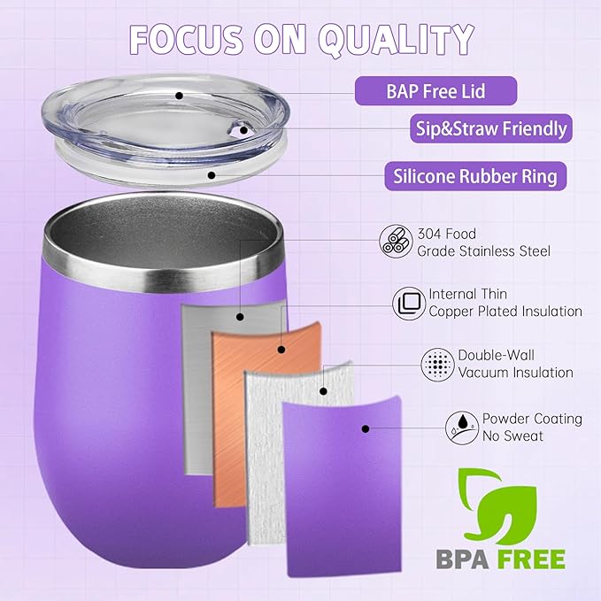 12oz/4 Pack Stainless Steel Wine Tumbler with Lid and Straw, Double Wall Vacuum Insulated Wine Tumbler Glasses, Stemless Travel Mugs for Hot and Cold Drinks, Coffee, Wine, Cocktails