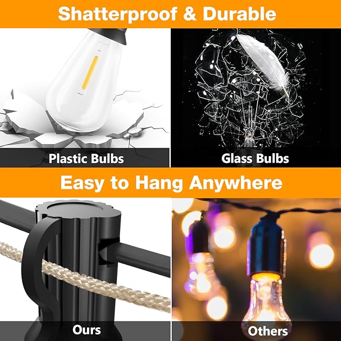 GLUROO String Lights for Outside 120FT, 60+4 Pcs Vintage Bulbs LED Outdoor Edison String Lights Waterproof, Shatterproof Connectable Patio Lights Outdoor, Dimmable Hanging Lights for Backyard, Bistro
