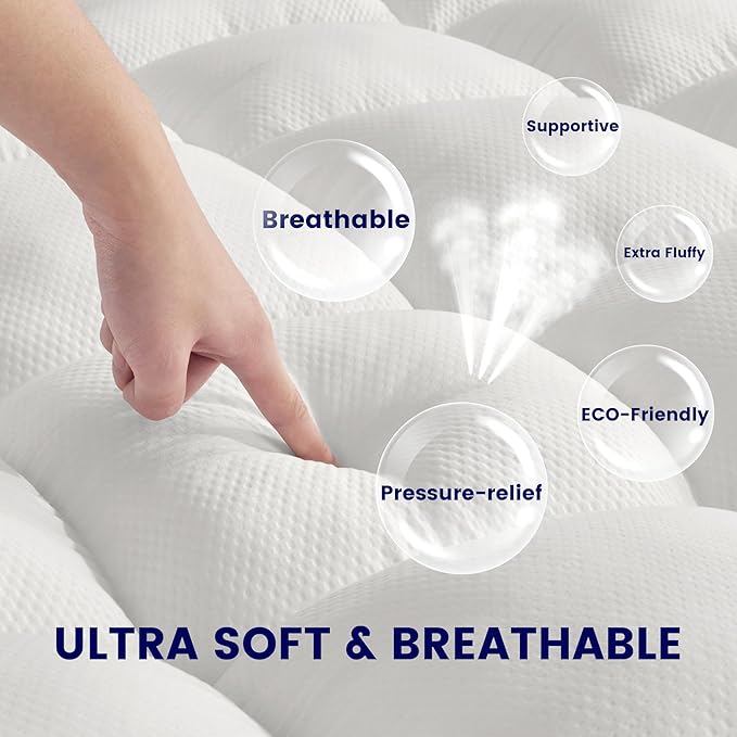 SLEEP ZONE Mattress Topper Queen Size, Extra Thick Fitted Mattress Pad for Back Pain, Plush and Support Mattress Cover, Deep Pockets Mattress Protector, Hotel Quality (White, Queen)