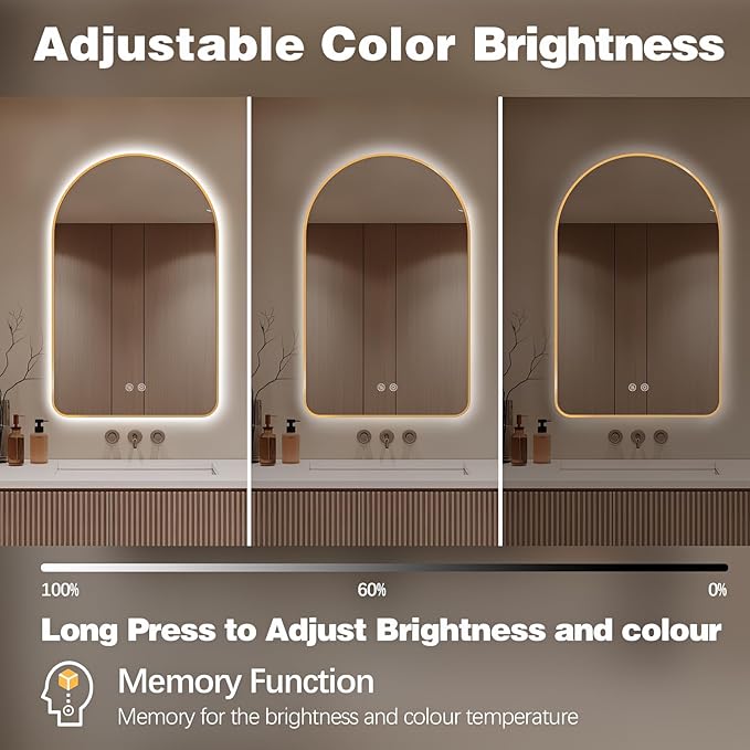 Niccy Arched LED Lighted Bathroom Mirror, 40x24 Inch Backlit Vanity Bathroom Mirror with Lights Brushed Gold Framed Wall Mounted Mirrors with 3 Color Shatterproof Arch Smart Fog Free Mirror