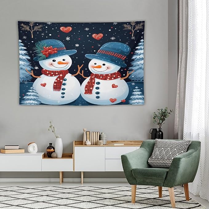 MaSiledy Snowman Couple Tapestries Christmas Cute Snowman Tapestries for Bedroom Landscape Tapestry Home Decoration for Living Room Bedroom 60"x90" Holiday Scene Banner for Winter Christmas Party