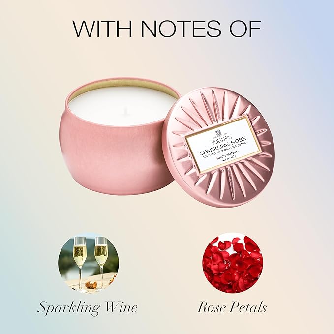 Voluspa Sparkling Rose, Mini Tin Candle, 4 Ounce, 25 Hour Burn Time, Coconut Wax for Clean Burning, Handcrafted in The USA