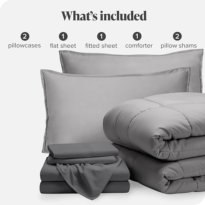 Bare Home Bed-in-A-Bag 7 Piece Comforter & Sheet Set - King - Goose Down Alternative - Ultra-Soft 1800 Premium Bedding Set (King, Light Grey/Grey)