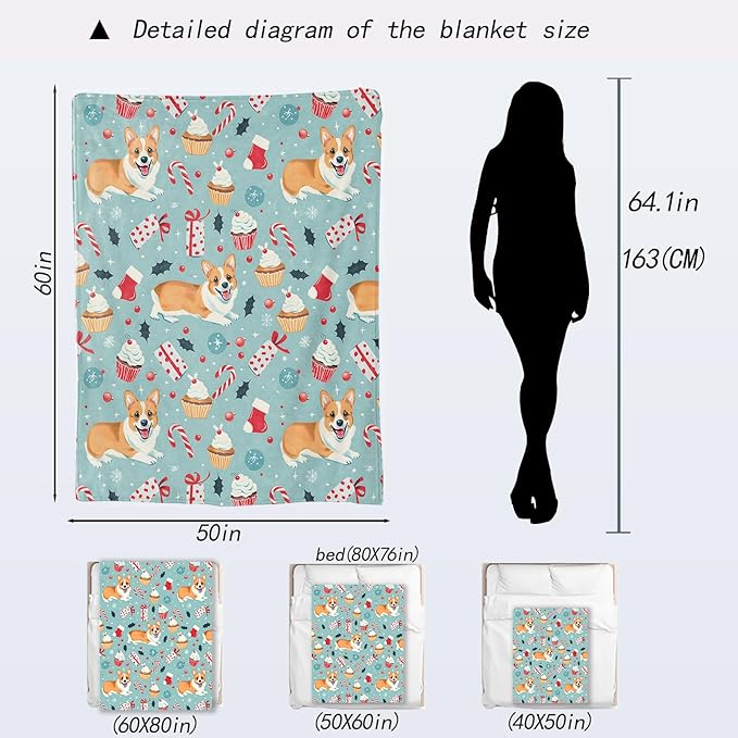 Cute Christmas Corgi Blanket - Festive Dog Fleece Throw,Gifts for Kids Adult, Soft & Warm,Lightweight, for Holiday Decor,Winter Celebration, and Room Home Accents 60x80in