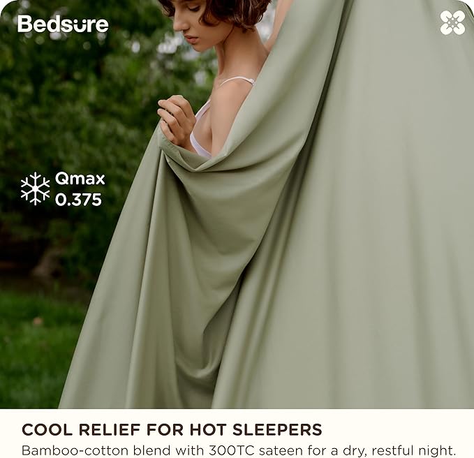 Bedsure Cooling Sheets, Rayon Derived from Bamboo & Cotton Blend, GentleSoft, Breathable, King Size Sheets Set, Deep Pocket Up to 18", Hotel Luxury Bedding for Hot Sleepers, Sage Green
