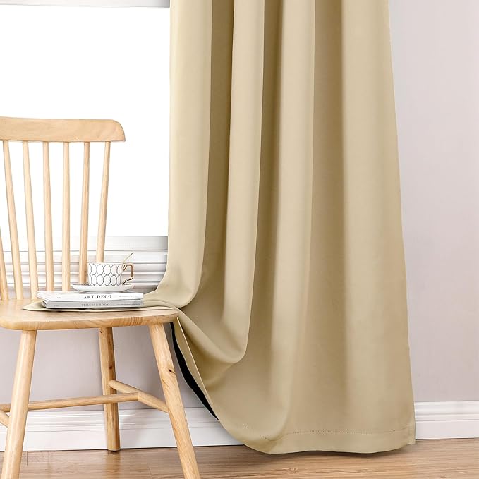 ChrisDowa 100% Blackout Curtains for Bedroom with Black Liner, 2 Thick Layers Total Blackout Thermal Insulated Grommet Window Curtains 2 Panels Set (Beige, 52 x 63 Inch)