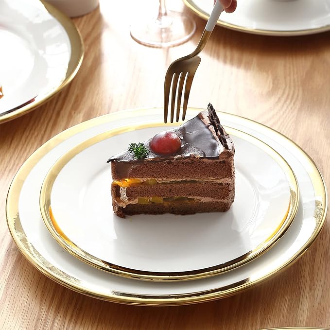 Luxury Dinner Plates, Set of 6, 10 inch, Elegant White Porcelain Plates with Gold Trim, Appetizer Plates, White Plate Set.