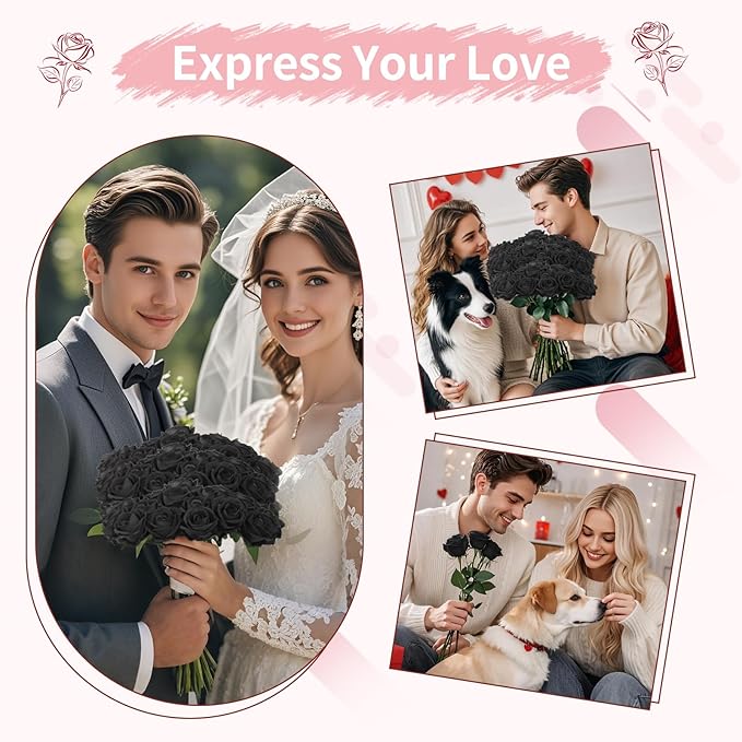 102 PCS Fake Roses Artificial Flowers Bulk, Black Roses Bridal Bouquet Silk Faux Rose with Stems for Wedding Flowers Decoration, Valentine's Day, Bridal Bouquet, Anniversary,Home Decor (102PCS, Black)