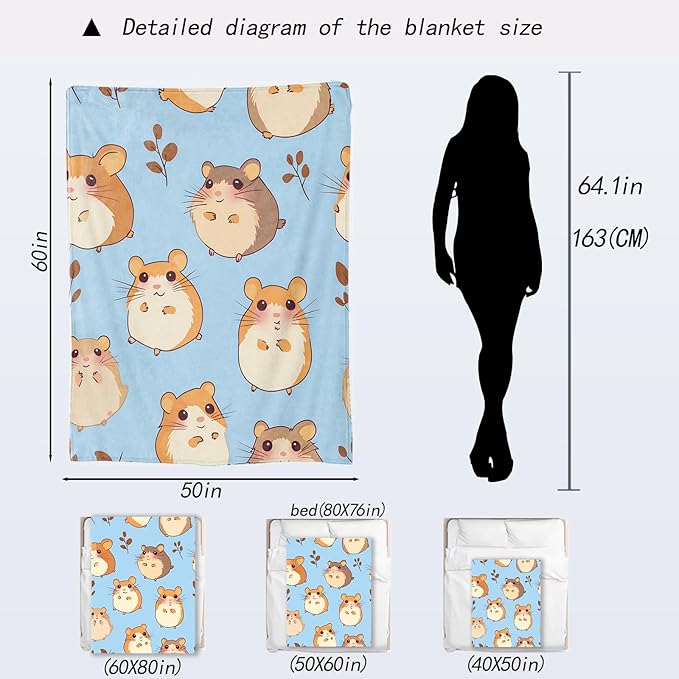Hamster Blanket - Cute Cartoon Hamsters Light Blue Fleece Throw,Gifts for Kids Adult, Soft & Warm,Lightweight, for Modern Rustic Whimsical Decor, Animal Lovers, and Room Home Accents 50x60in