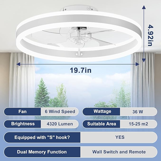 VOLISUN Low Profile Ceiling Fans with Lights and Remote, 19.7in Flush Mount Ceiling Fans with Light, 3000K-6500K Dimmable Fandelier LED Fan Light, White Bladeless Ceiling Fans with Lights for Bedroom
