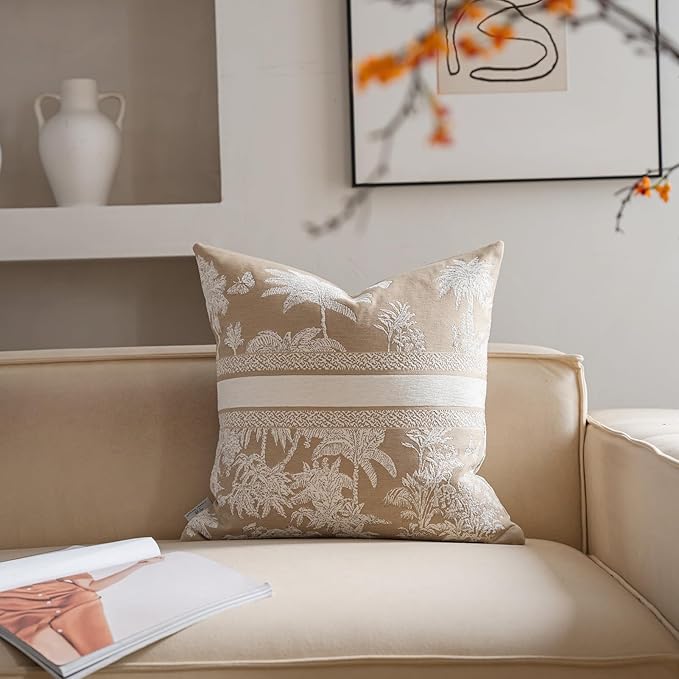 Premium Throw Pillow Covers 20x20 Inches - Oatmeal Jungle with White Palm Tree Chenille Jacquard Embroidery Decorative Couch Pillow Covers for Living Room Bedroom Sofa