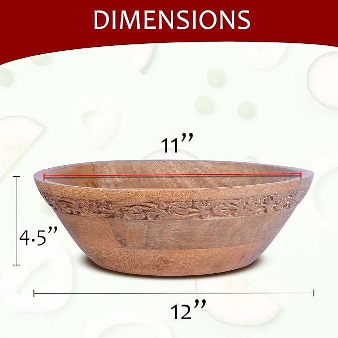 Mela Artisans Wooden Fruit Bowl | Medium Burnt Finish | Large 12” Mango Wood Serving Bowl | Multipurpose for Kitchen Countertop | Salad| Fruit| Snacks| Breads & More | Natural Grain Texture