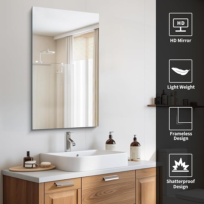 Frameless Mirror, 20x36 Inch Bathroom Mirrors for Wall, Rectangle Bathroom Vanity Mirrors with Polished Edge, Hangs Horizontally or Vertically for Bathroom, Bedroom and Living Room