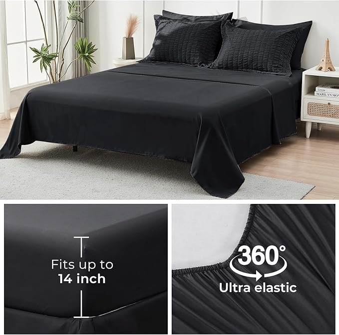 HYMOKEGE Black Oversized Queen Comforter Set Seersucker 7 Pieces, All Season Luxury Bed in a Bag for Bedroom, Bedding Set with Comforter, Sheets, Pillowcases & Shams