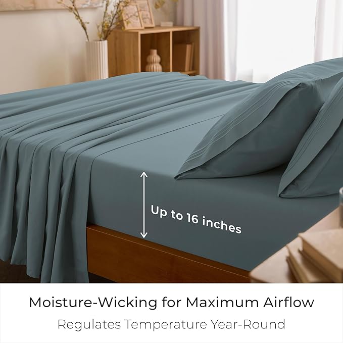Mellanni King Sheets Set - 4 PC Iconic Collection Bedding - Hotel Luxury, Extra Soft, Cooling Bed Sheets - Wrinkle, Fade, Stain Resistant (King, Spa Blue)