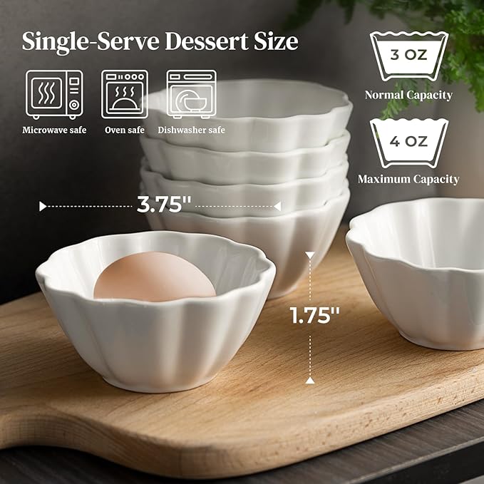 DOWAN Ramekins 4 oz, Creme Brulee Ramekins, Ramiken Oven Safe for Baking, Souffle Dishes Custard Cups, Porcelain Small Dipping Sauces Charcuterie Dessert Bowls, Ceramic Pudding Cups, Set of 6, Soft White