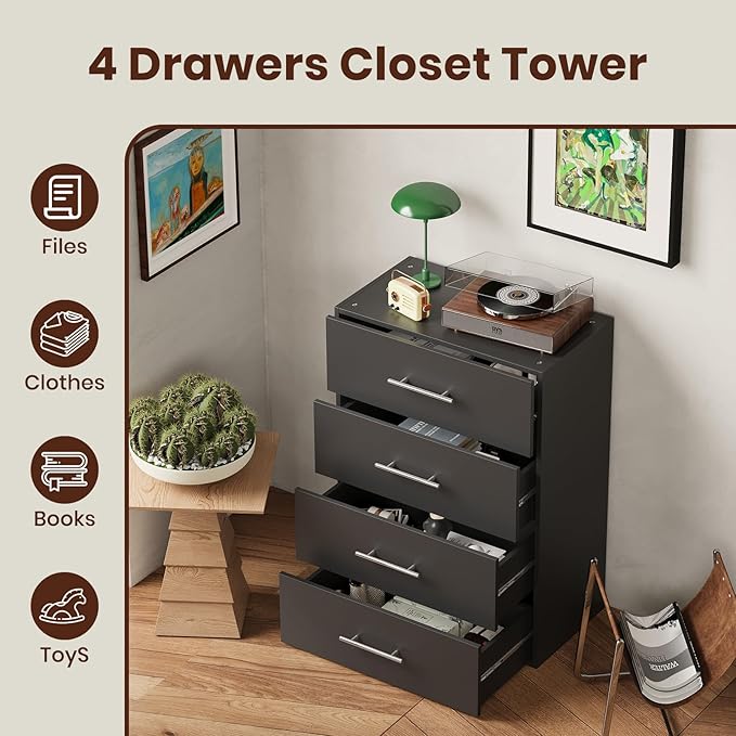 ROOMTEC 25.5" 4 Drawer Short Tower Closet Unit, Modular Closet System with Drawers and Shelf, Wardrobe Organizer for Bedroom or Walk-in Closet, Wall Mounted, Customizable Clothes Storage Unit, Black