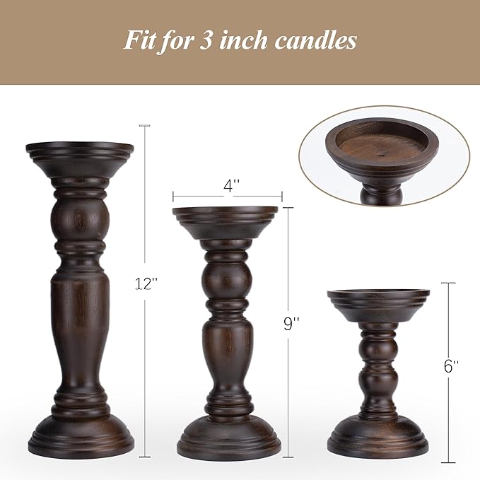 Rustic Wooden Pillar Candle Holders Set of 3, 12'' 9'' 6'' Farmhouse Wood Candle Stand for Table Centerpieces, Vintage Tall Candleholders Fireplace Mantel Decor for Living Room, Dark Brown