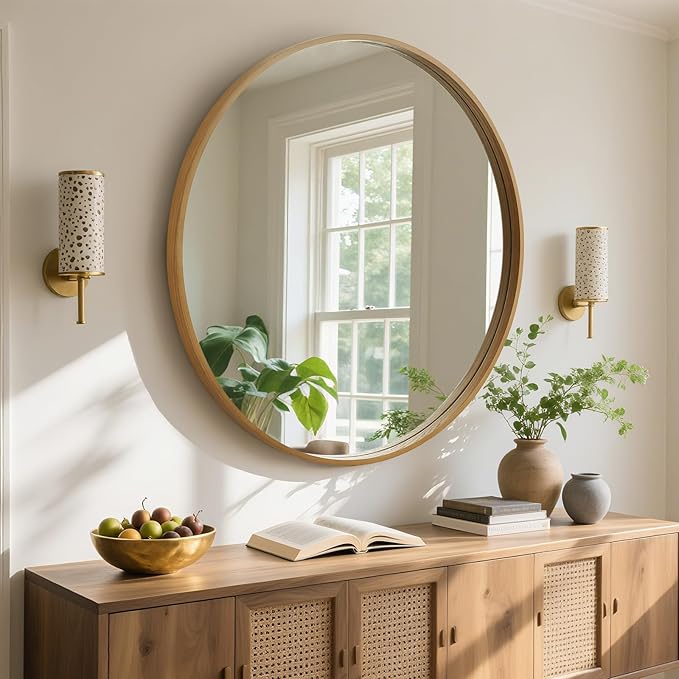WallBeyond Round Wood Mirror, 32" Round Modern Decoration Large Circle Wall Mirror for Bathroom Living Room Bedroom Entryway, Natural