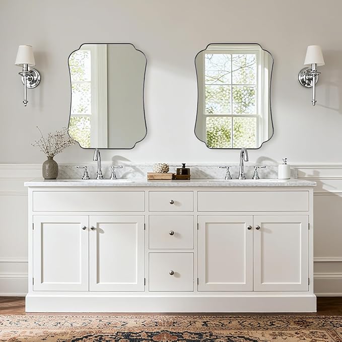 ANDY STAR Chrome Bathroom Mirror 24x32 Inches, Modern Scalloped Edge Wall Mirror with Stainless Steel Frame for Hallway, Lounge and Vanity Area