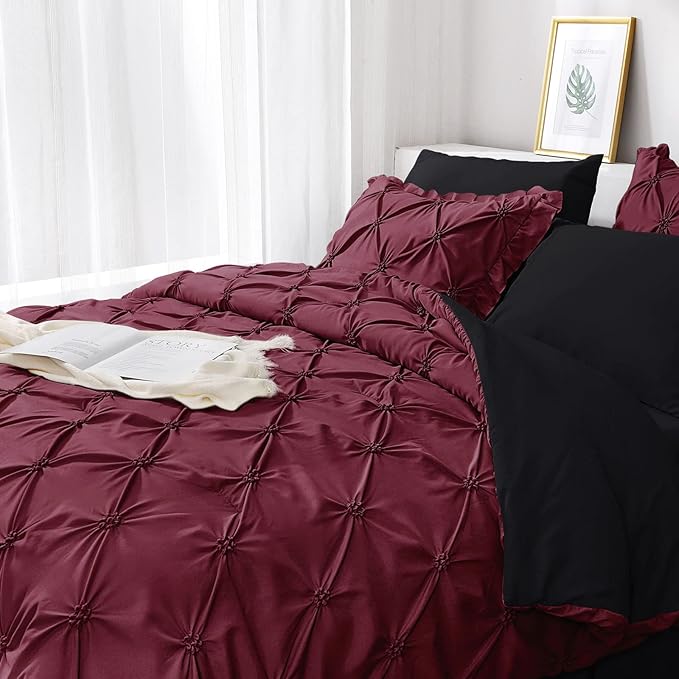 JOLLYVOGUE Burgundy Cal King Size Comforter Sets 7 Pieces, Pintuck Bed in a Bag Comforter Set for Bedroom, Bedding Comforter Sets with Comforter, Sheets,Ruffled Shams & Pillowcases
