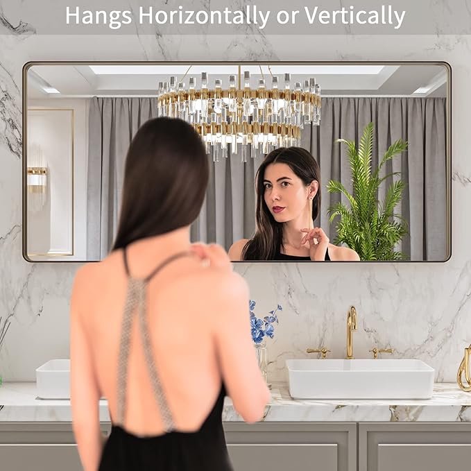 LOAAO 60”X28” Bronze Bathroom Mirrors for Vanity, Rounded Rectangle Brushed Bronze Metal Frame Mirror, Anti-Rust, Tempered Glass, Hangs Horizontally or Vertically