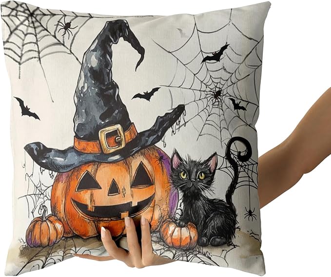 Giwawa Halloween Pillow Covers Set of 2- Rustic Spooky Pumpkin Black Cat Cotton Double Sided Throw Pillow Cases- Gothic Spider Web Bats Soft Cushion Cover 18"x18" for Sofa Porch Holiday Decor