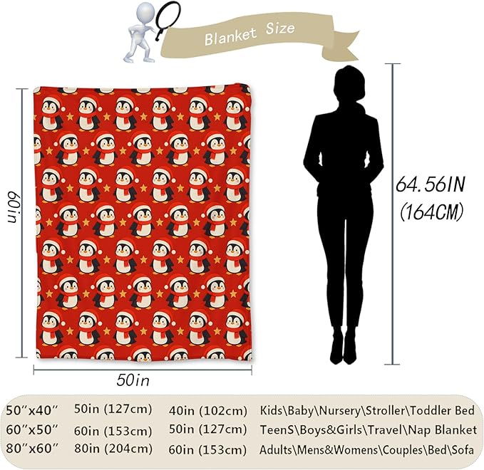 Christmas Penguin Blanket, Soft Lightweight Flannel Cute Penguins Throw Blanket for Couch, Bed, Travel & Decor Gifts, Cozy Warm Fuzzy Holiday Blankets for Adults Women Girls Kids 60×50 in