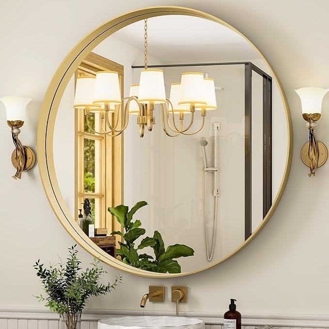 30 Inch Round Bathroom Mirror - Wall Mounted Circle Mirror with Metal Frame, Modern Mirror Suitable for Bathroom, Vanity, Entryway, Living Room, Wall Decor,Gold