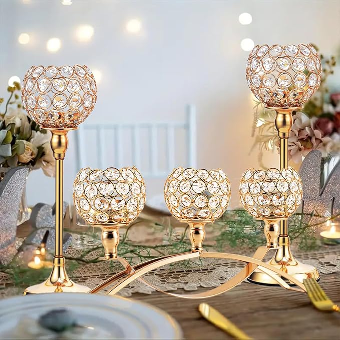 Vincigant Gold Crystal Candle Holders Set of 8 with 4Sets Crystal Candelabra 3 Arm Candlesticks Holder Table Centerpiece,Candelabra Centerpieces for Wedding Party Anniversary Home Living Room Decor